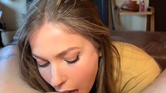 Petite Brunette Teen Gives A Messy Blowjob And Cums Hard